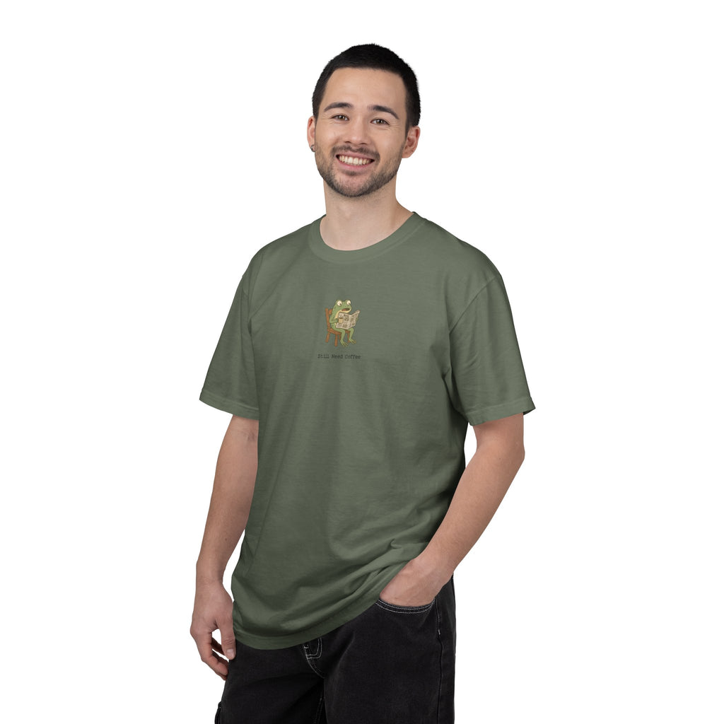 "Still Need Coffee" Newspaper Frog | Comfort Colors® Graphic Tee