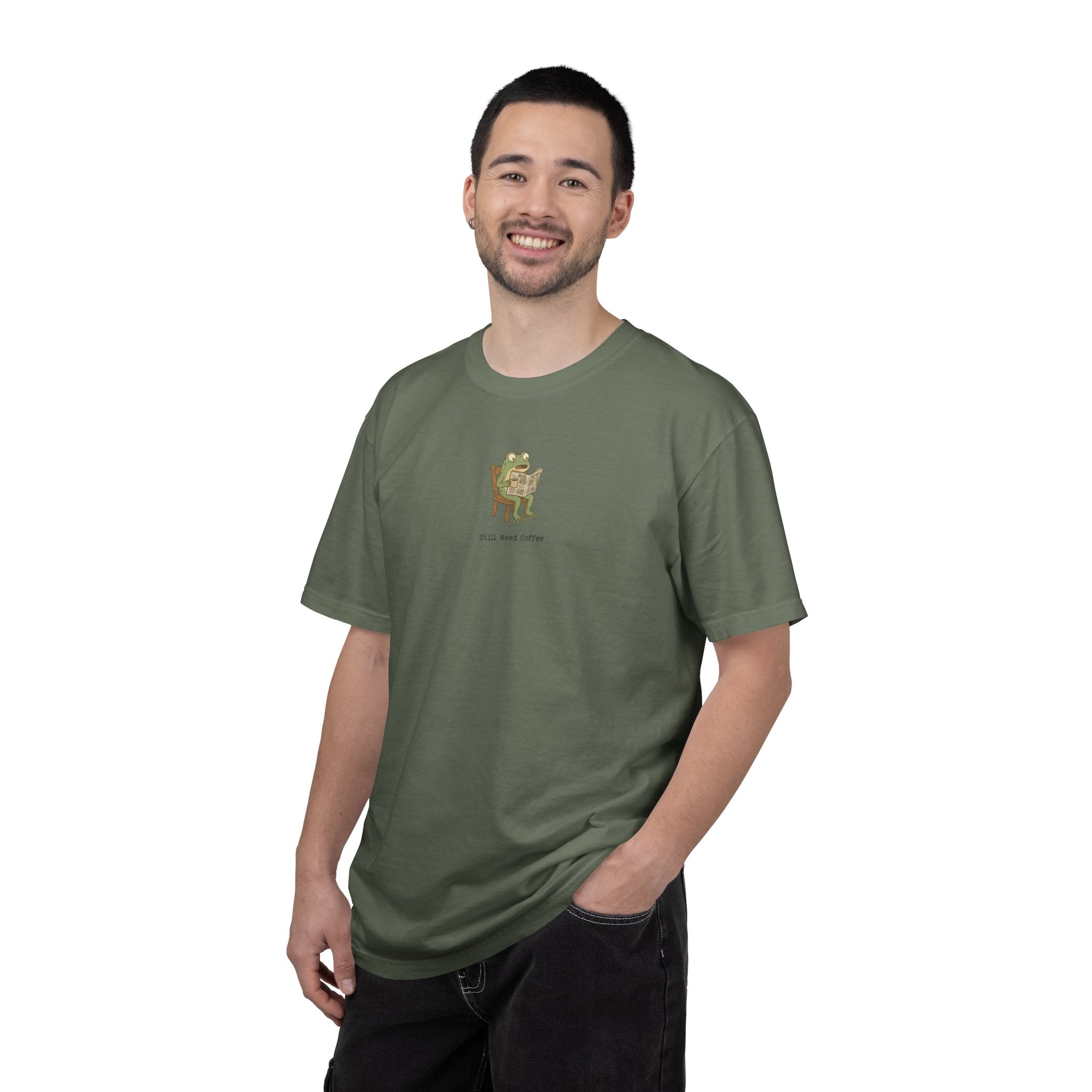 "Still Need Coffee" Newspaper Frog | Comfort Colors® Graphic Tee