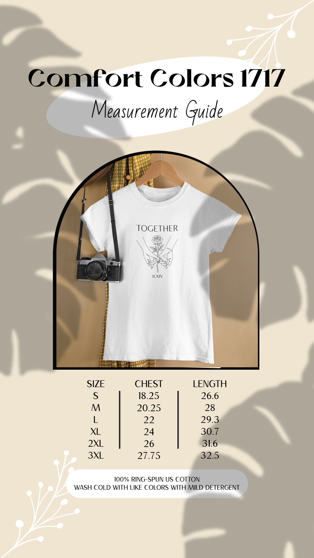 Comfort Colors 1717 Size Chart table showing chest width and body length measurements in inches and centimeters for sizes Small to 3XL.