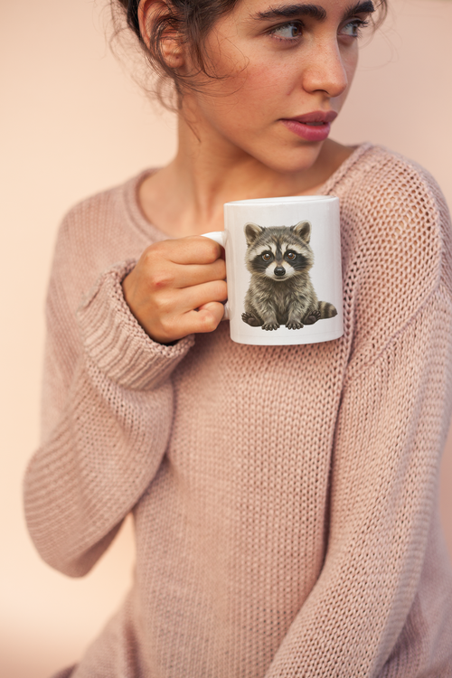 A person holding a white ceramic mug featuring a detailed baby raccoon design, showcasing the 11oz size and glossy finish.