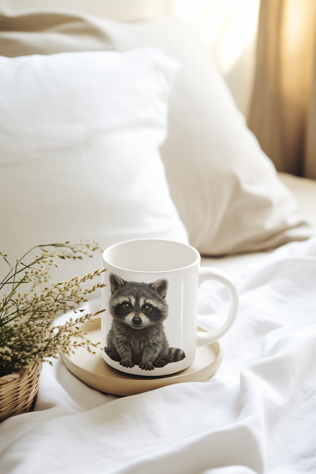 Close-up of a glossy white ceramic mug with a cute raccoon illustration, showing the rounded corners and clean white interior.