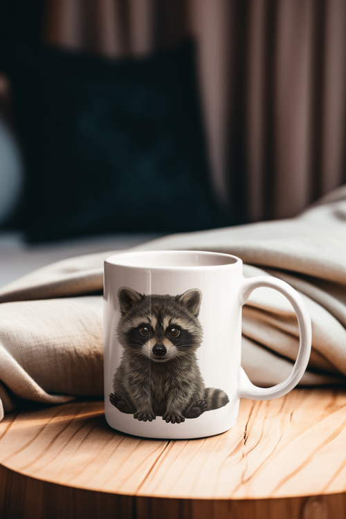 Hyper-realistic 3D-style digital illustration of a fluffy baby raccoon with big brown eyes sitting on a white ceramic coffee mug.