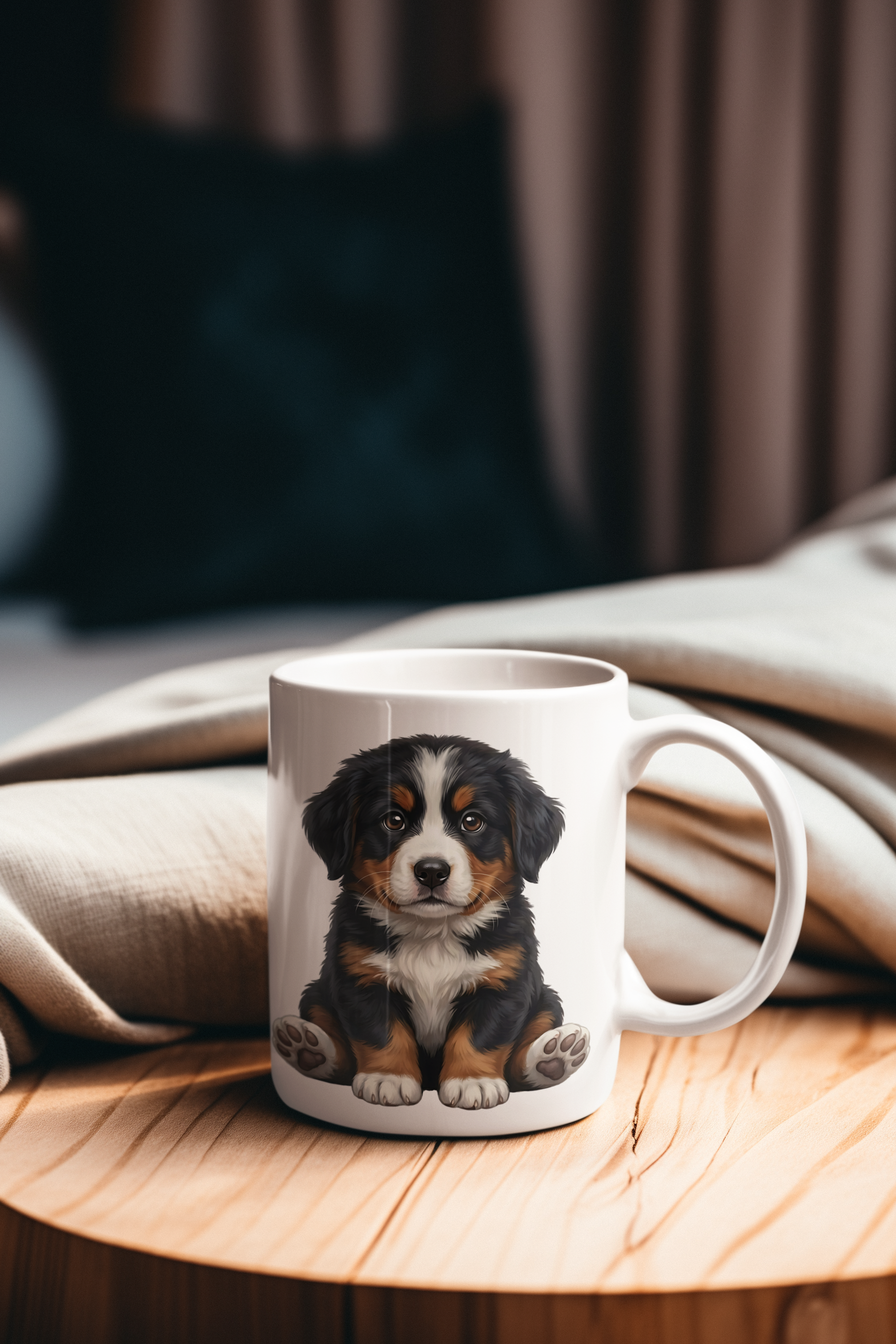 Hyper-realistic 3D-style digital illustration of a fluffy Bernese Mountain Dog puppy with a tri-color coat on a white ceramic mug.