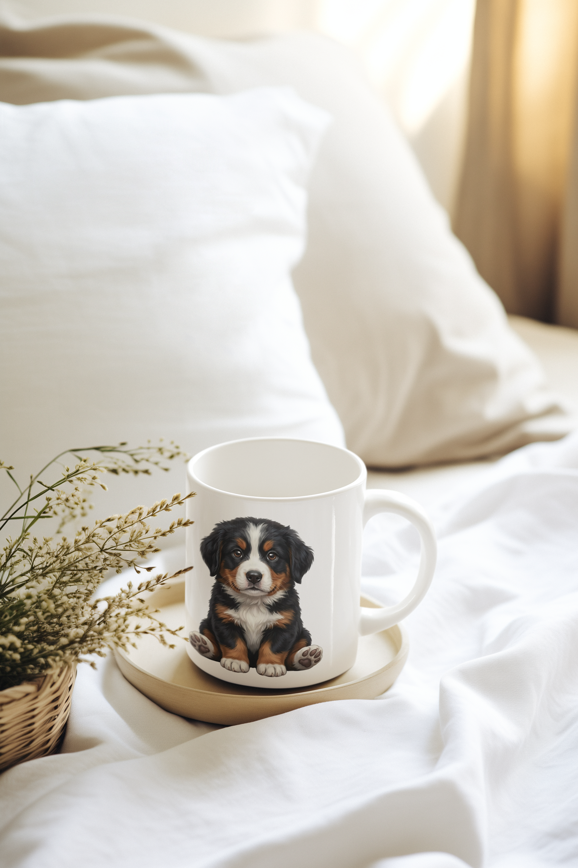 Close-up of a glossy white ceramic mug with a Berner puppy design, showing the comfortable C-handle and high-quality finish.