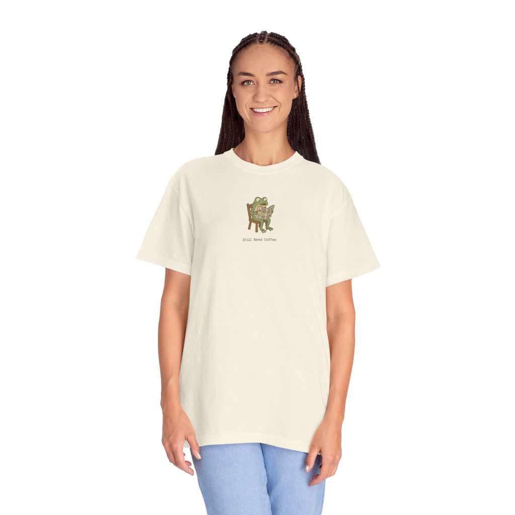 "Still Need Coffee" Newspaper Frog | Comfort Colors® Graphic Tee