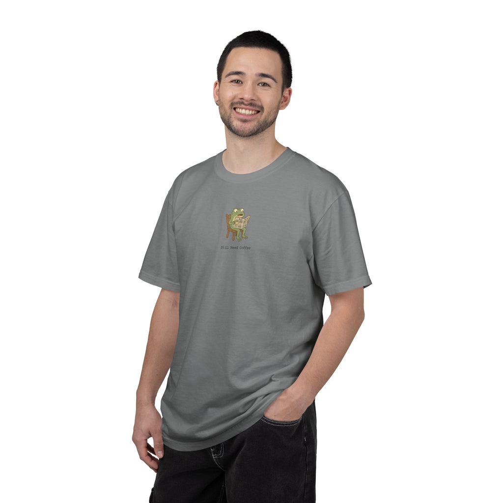 "Still Need Coffee" Newspaper Frog | Comfort Colors® Graphic Tee
